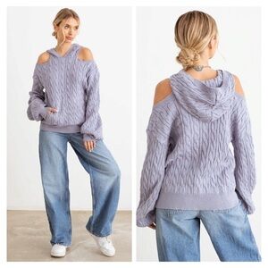 🌟NIP-Slate Cable Knit Cold Shoulder Hooded Sweater